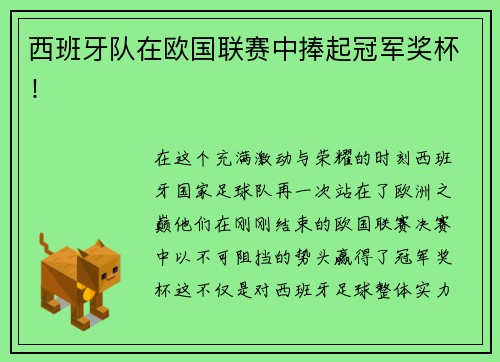 西班牙队在欧国联赛中捧起冠军奖杯！